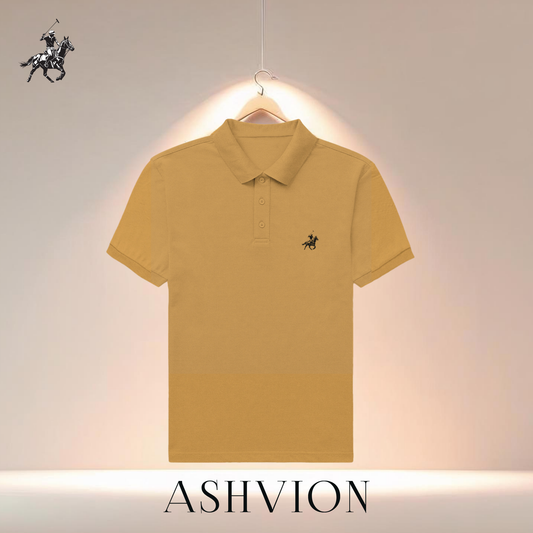Yellow polo shirt with a brand logo on a hanger against a neutral background