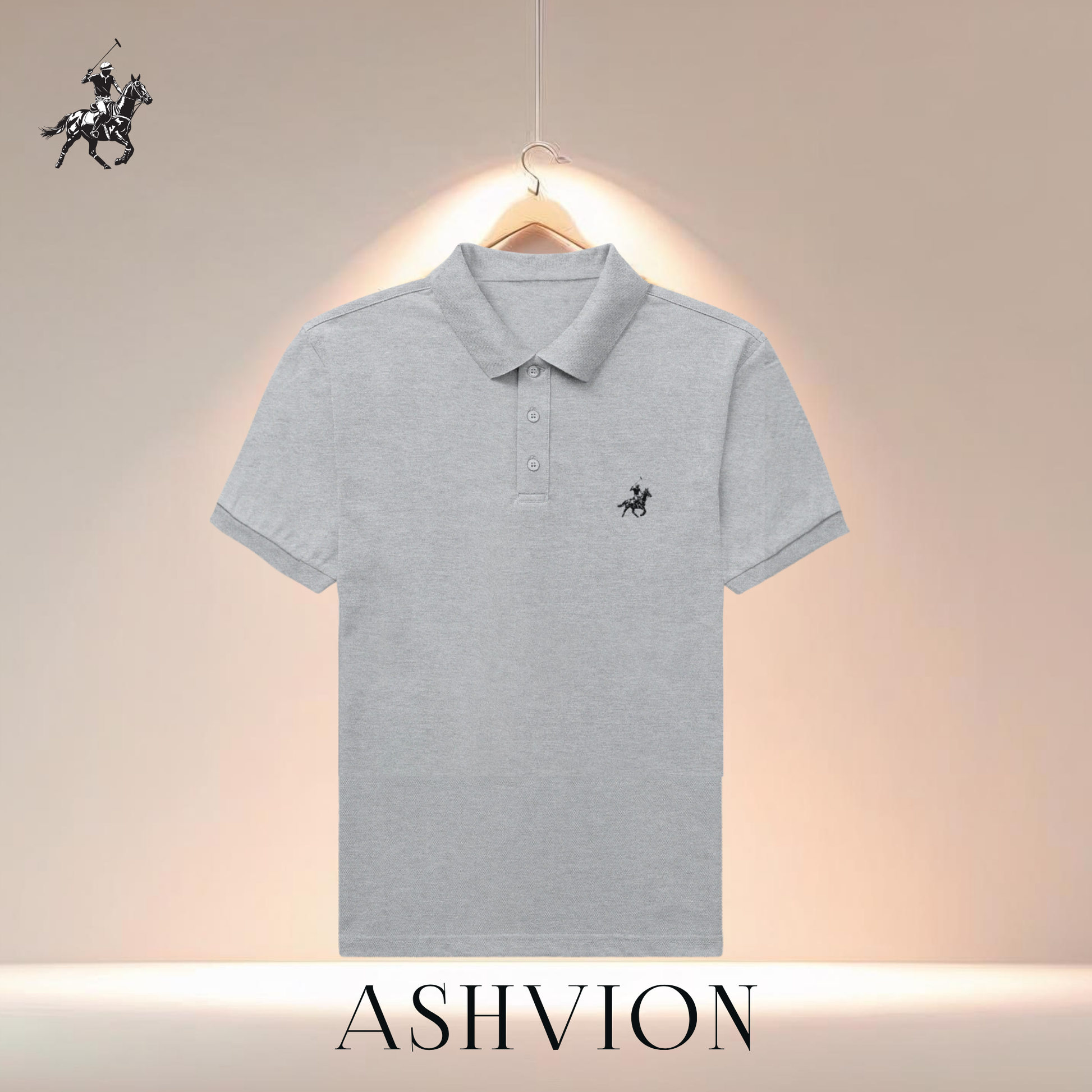 Gray polo shirt with a brand logo on a beige background
