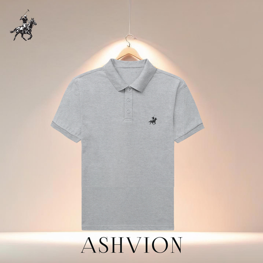 Gray polo shirt with a brand logo on a beige background