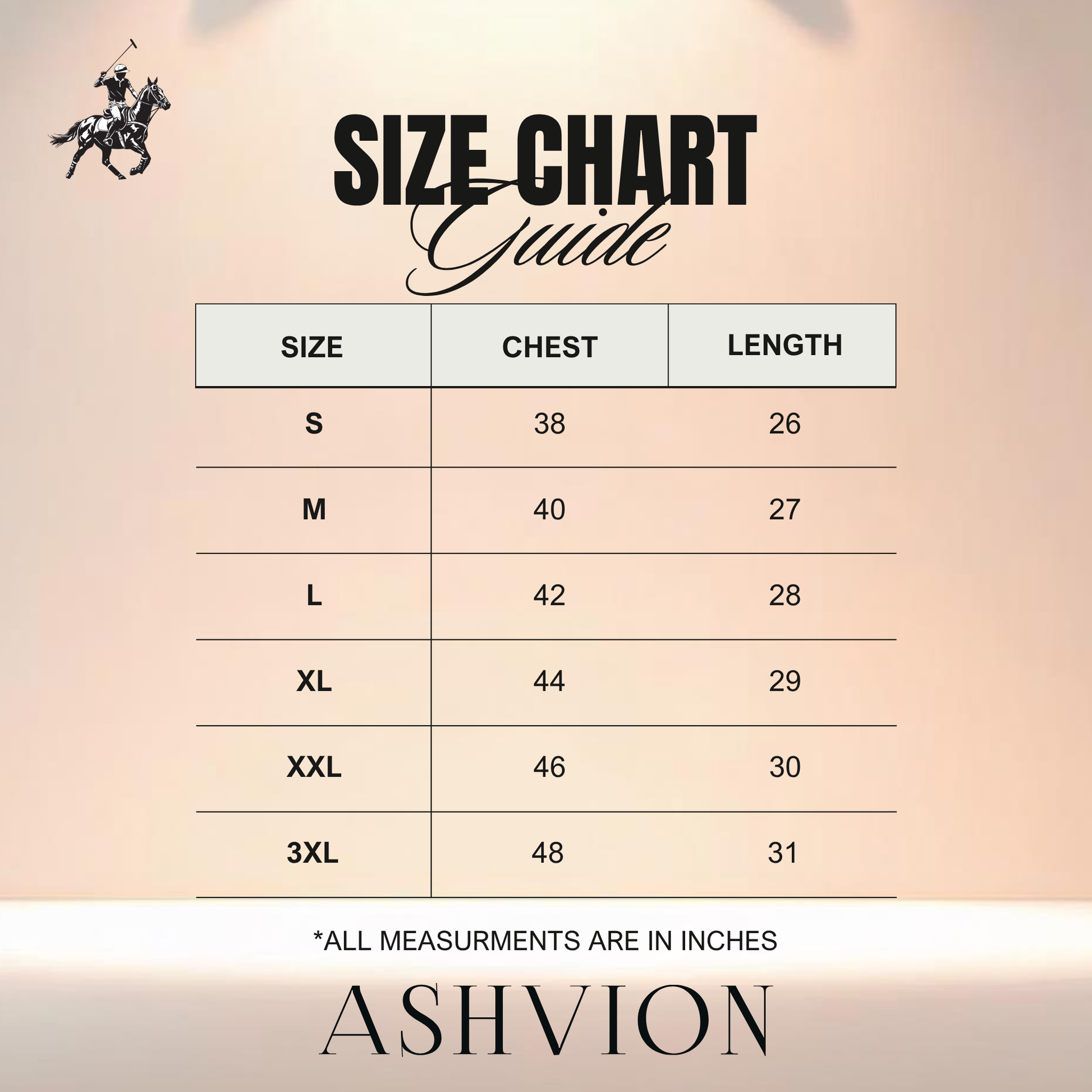 Size chart guide for clothing with measurements in inches, branded as Ashvion.