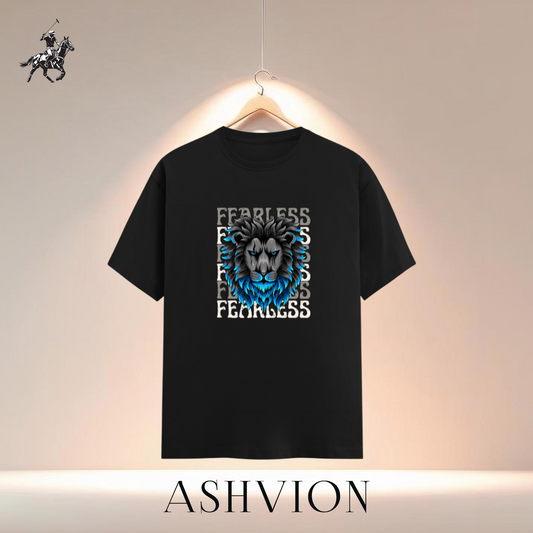 Black t-shirt with a lion graphic and 'Fearless' text on a hanger, branded ASHVION.