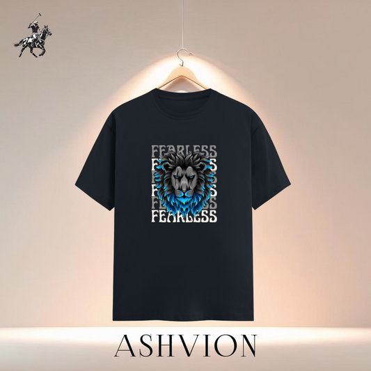 NAVY BLUE t-shirt with a lion graphic and 'Fearless' text on a hanger, branded ASHVION.