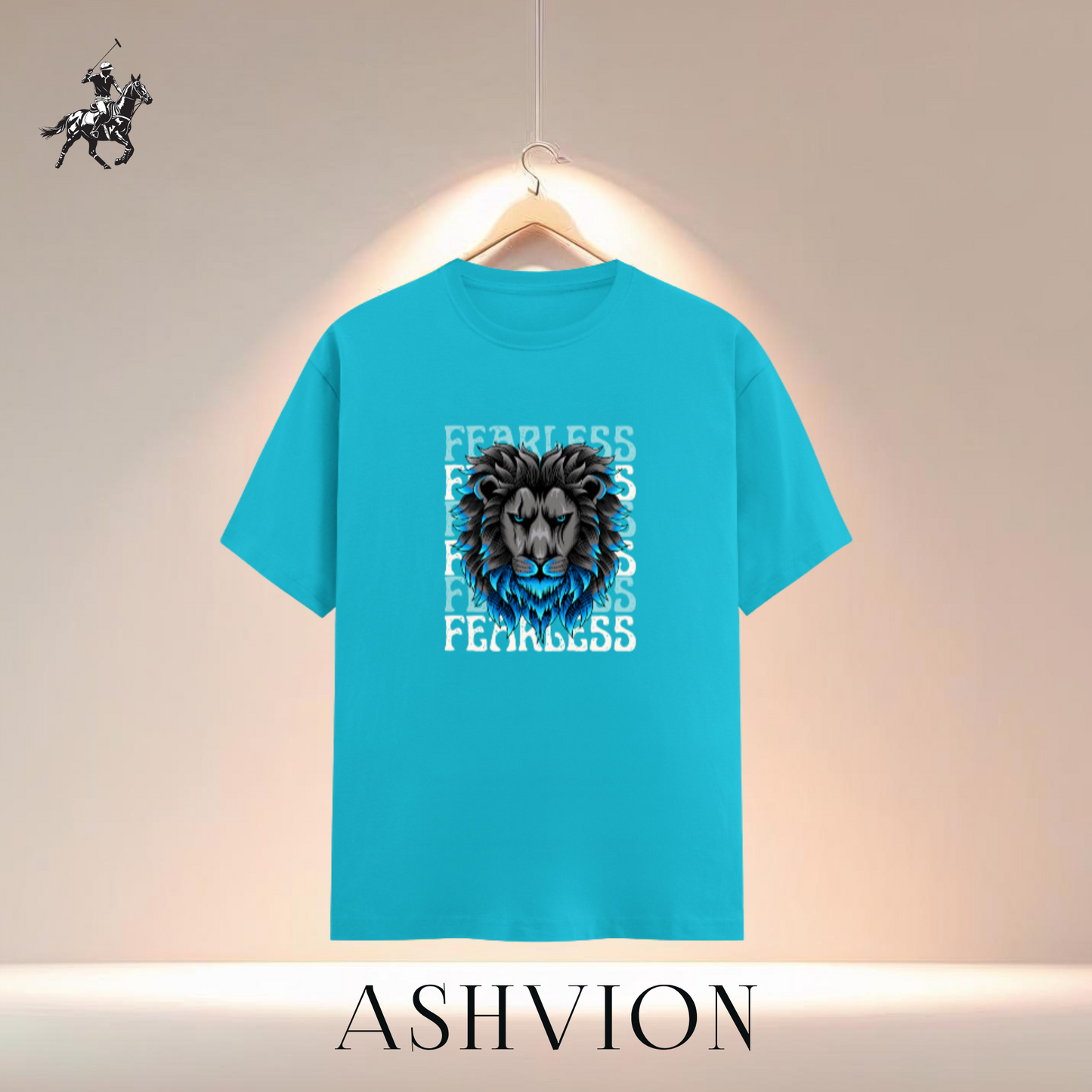 Turquoise t-shirt with lion graphic and 'FEARLESS' text on a hanger, Ashvion brand visible.