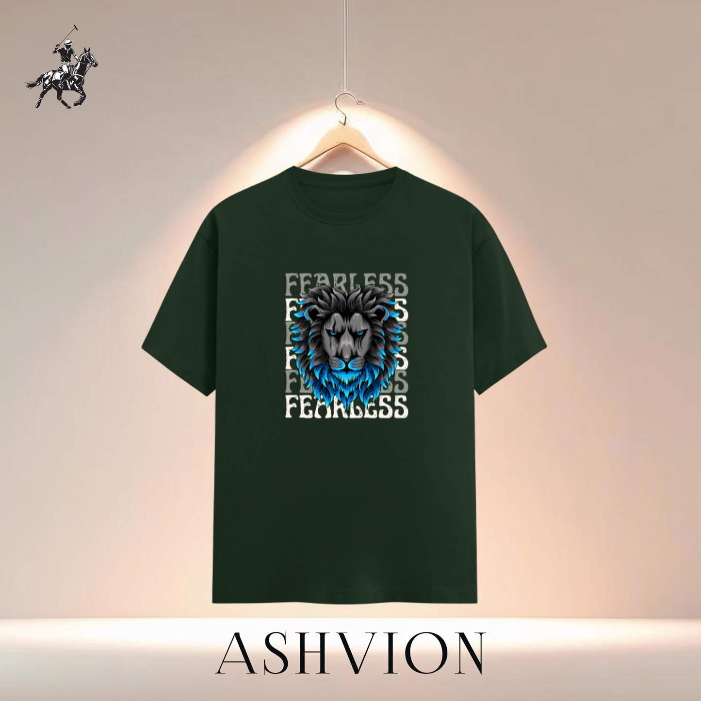 Green t-shirt with a lion graphic and 'Fearless' text on a hanger, branded 'ASHVION'.