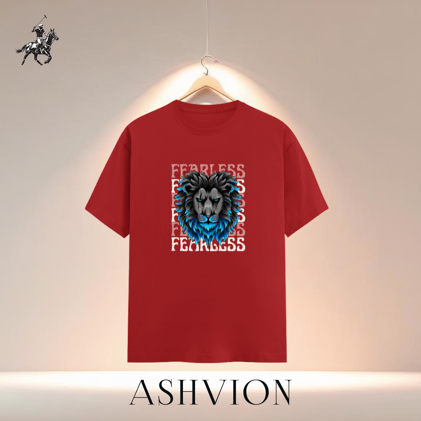 Red t-shirt with a lion graphic and 'Fearless' text on a hanger, branded ASHVION.