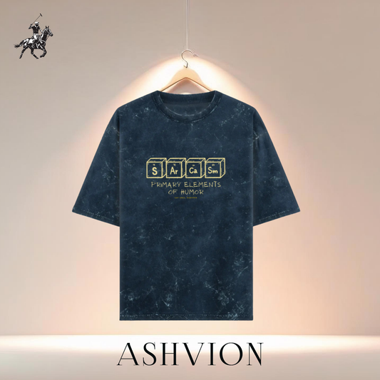 Blue t-shirt with text on a hanger against a neutral background, featuring the brand 'ASHVION'.